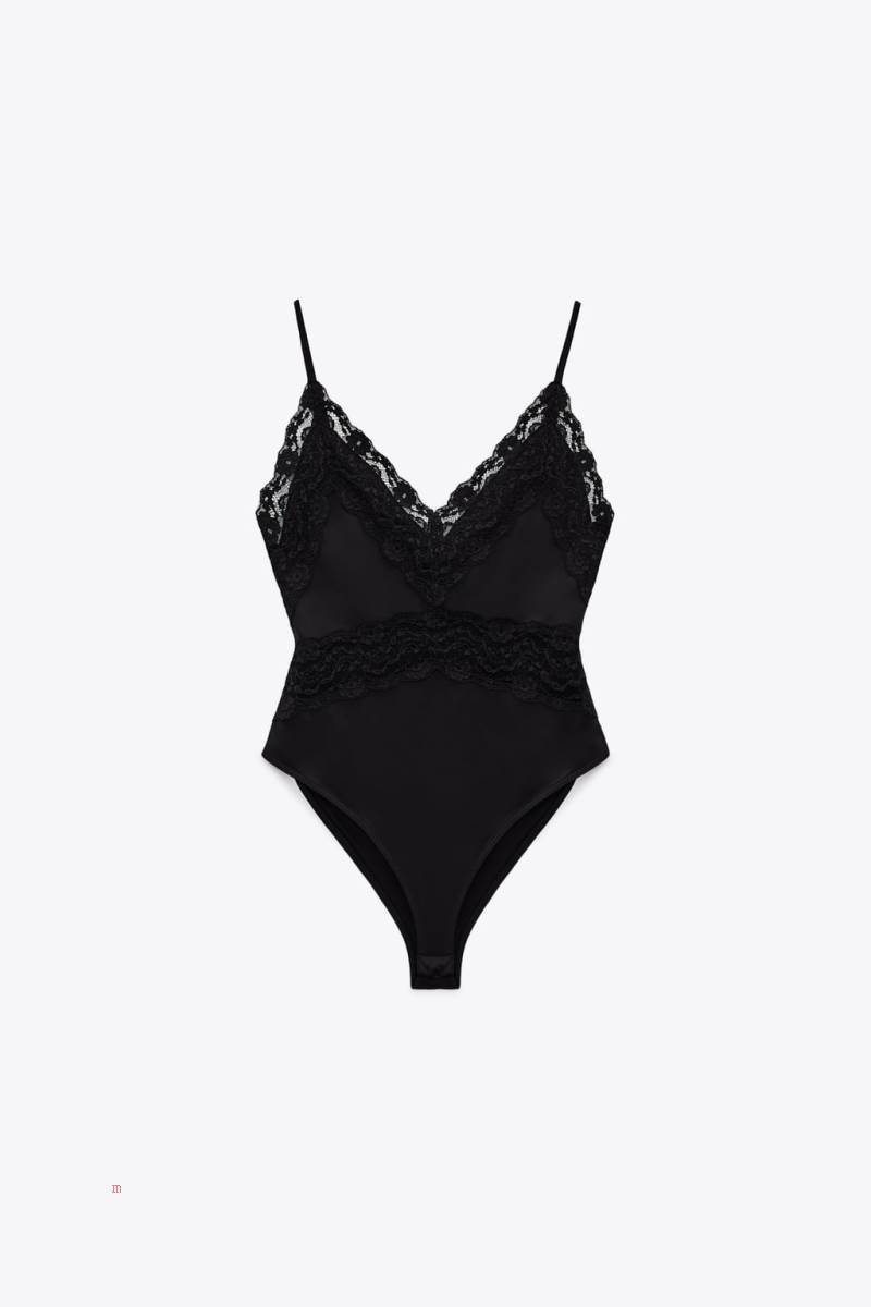 ZARA STRETCH WITH LACE TRIM Bodysuit Dam Svarta | ZIXKH-8210