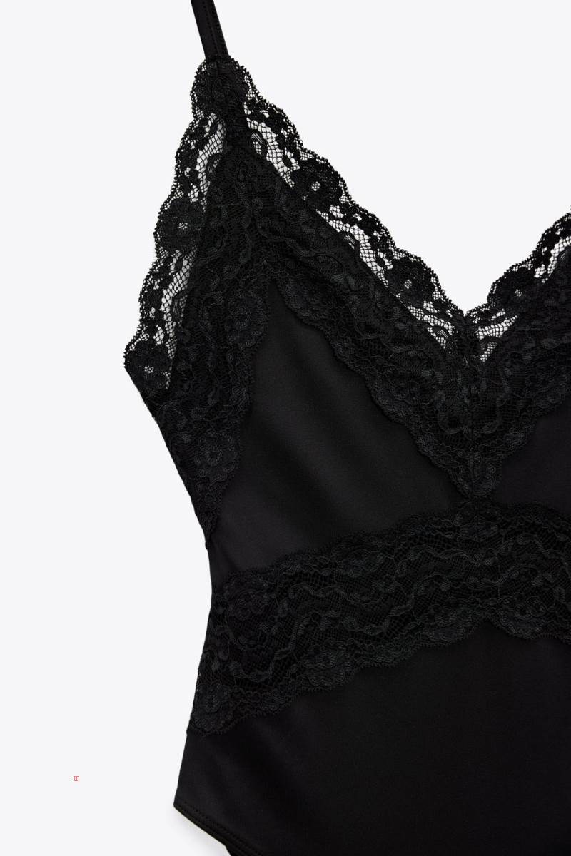 ZARA STRETCH WITH LACE TRIM Bodysuit Dam Svarta | ZIXKH-8210