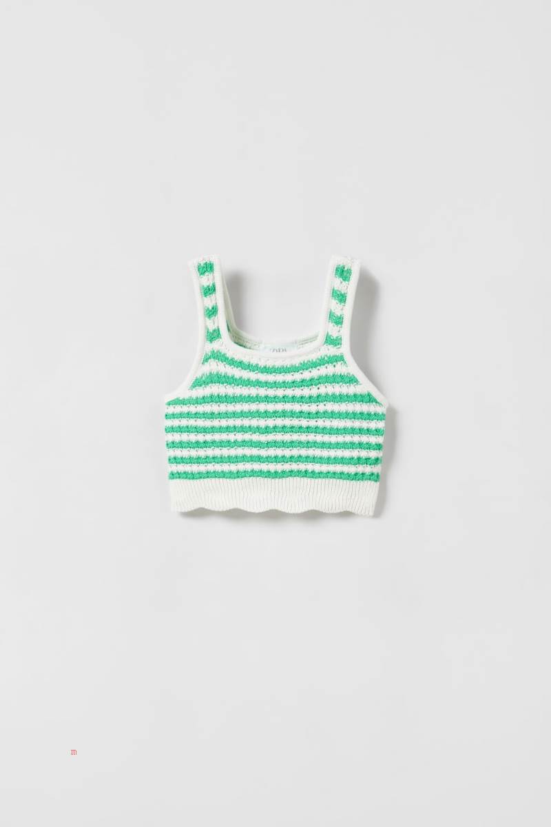 ZARA STRIPED CROCHET TOP WITH SCALLOPED FINISH Tröjor Tjej Vita Gröna | PGUCB-8740