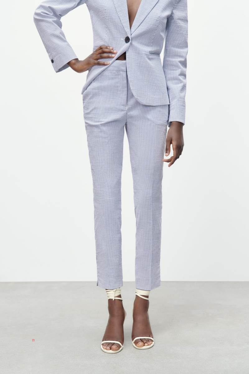 ZARA STRIPED CROPPED Byxor Dam Vita Blå | WXEQK-7269