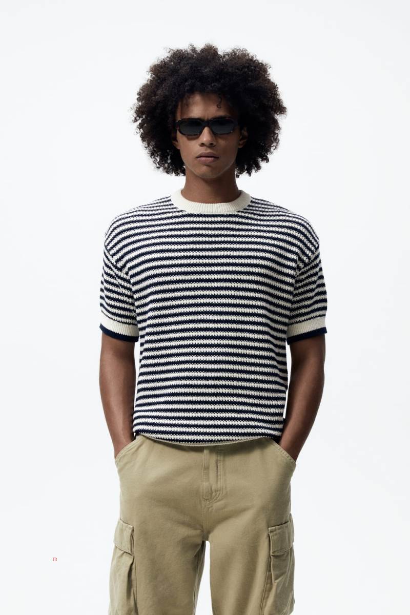 ZARA STRIPED KNIT T-shirt Herr Marinblå Blå | EONBP-3657