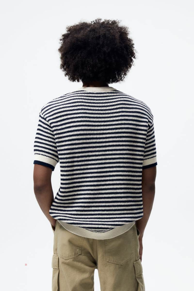 ZARA STRIPED KNIT T-shirt Herr Marinblå Blå | EONBP-3657