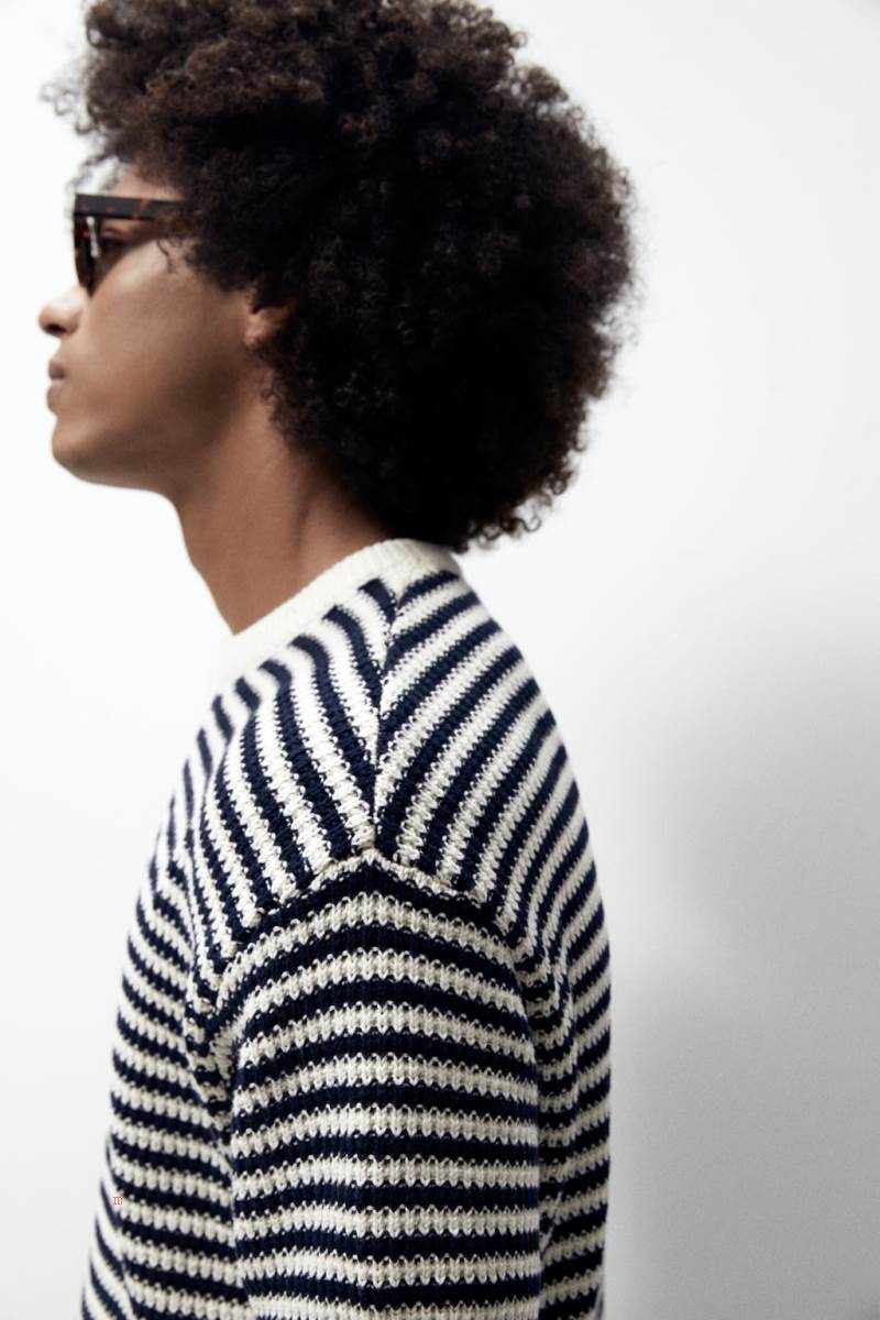 ZARA STRIPED KNIT T-shirt Herr Marinblå Blå | EONBP-3657