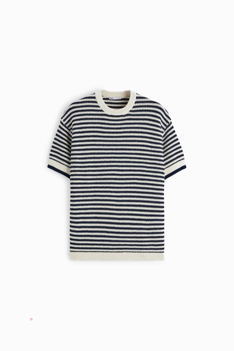 ZARA STRIPED KNIT T-shirt Herr Marinblå Blå | EONBP-3657
