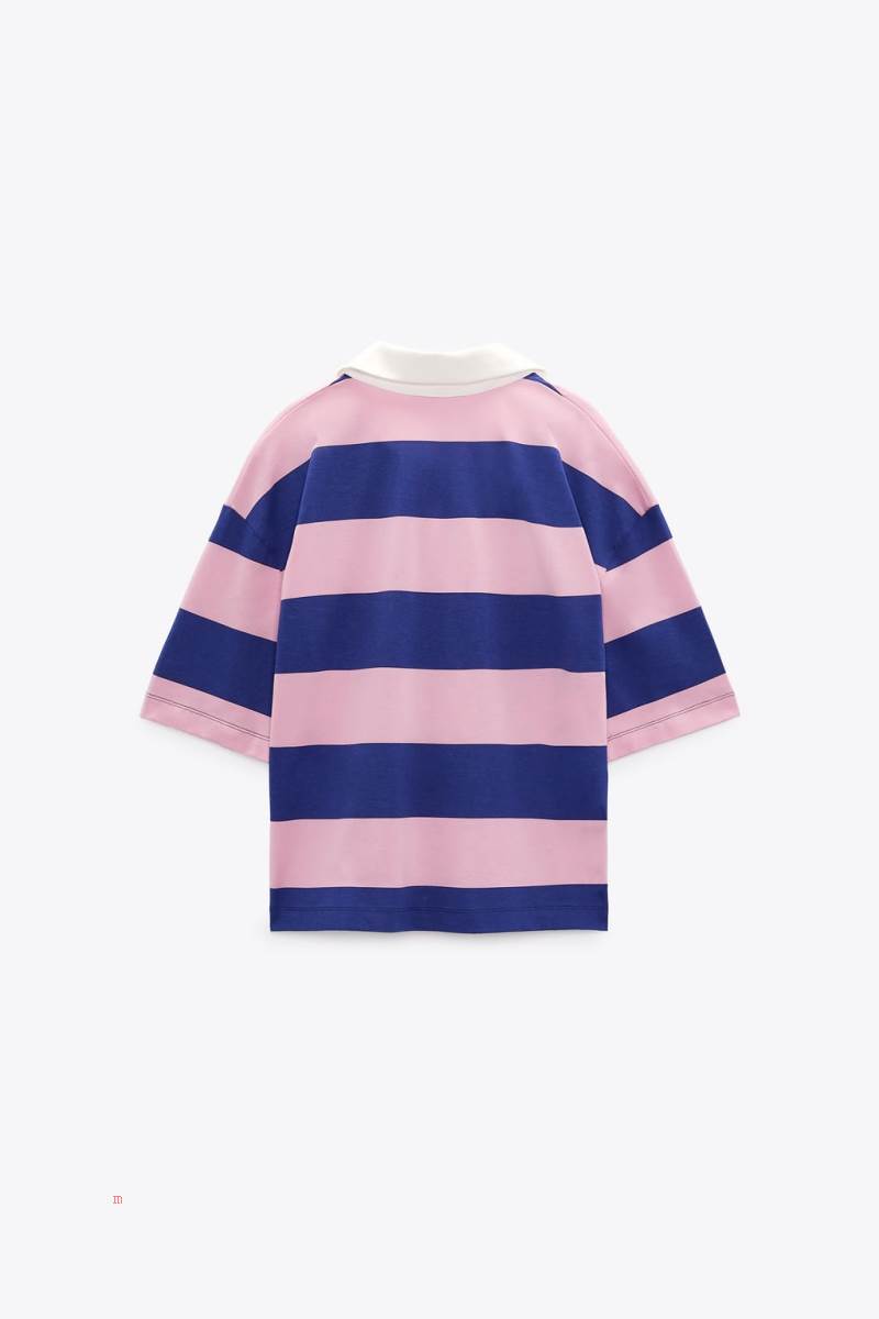 ZARA STRIPED POLO T-shirt Dam Rosa | SAHKX-2619
