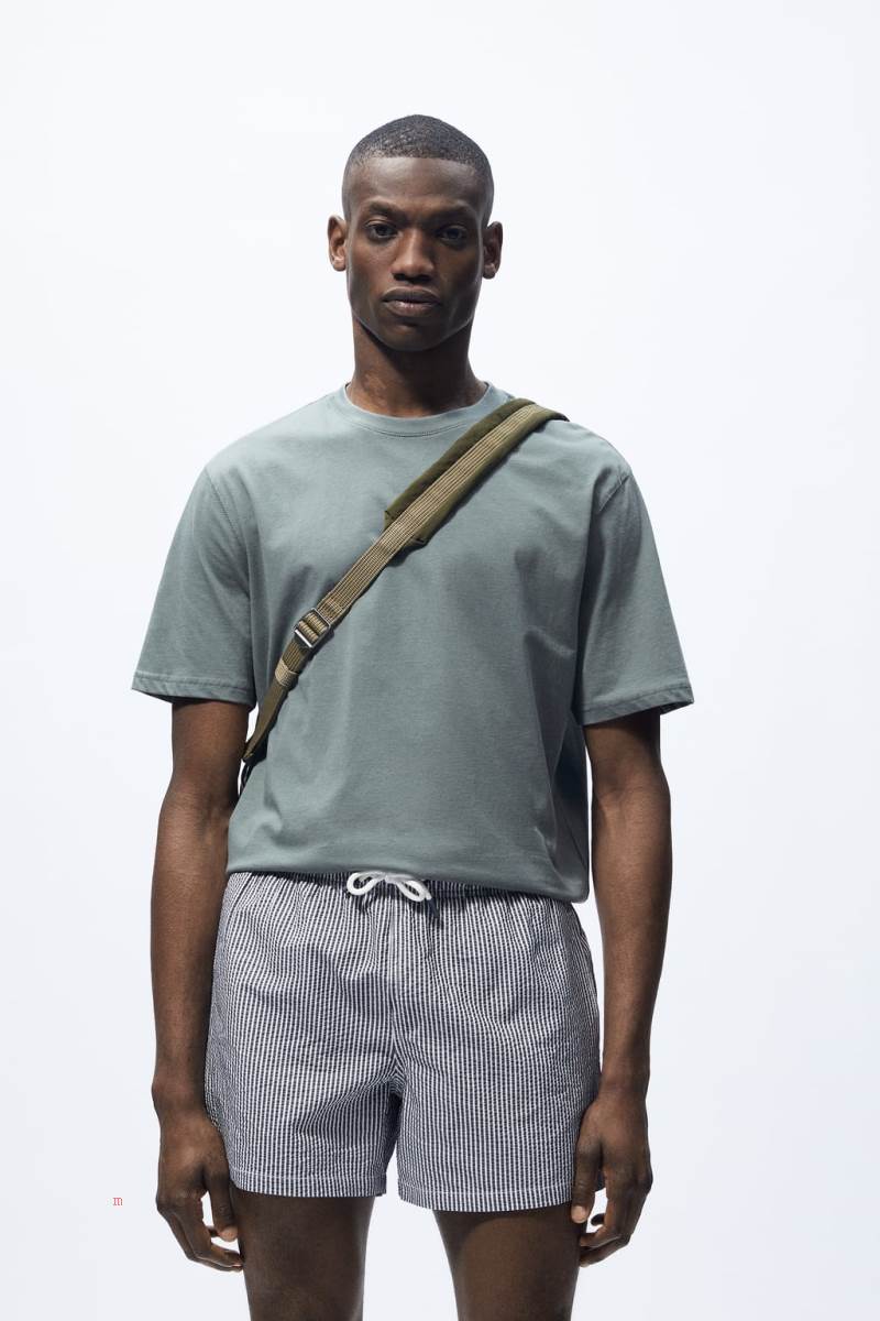 ZARA STRIPED SEERSUCKER SWIMMING TRUNKS Badkläder Herr Marinblå Blå | RVNAJ-7349