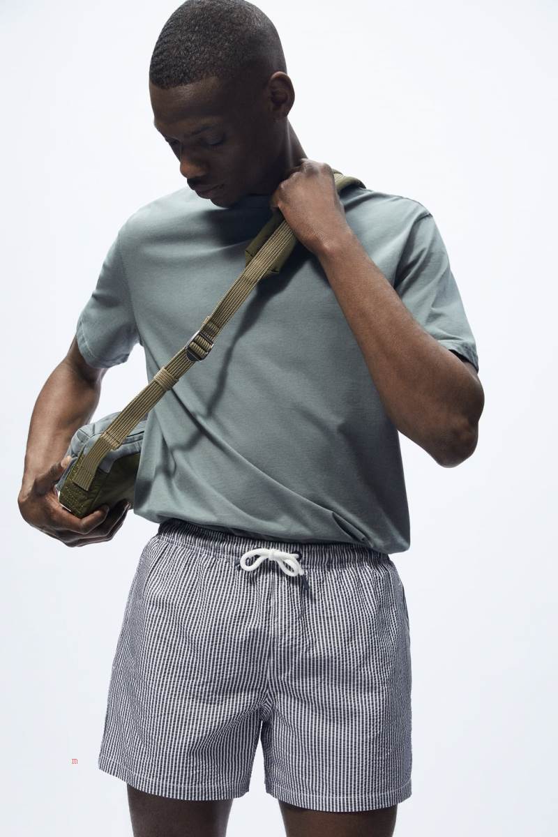 ZARA STRIPED SEERSUCKER SWIMMING TRUNKS Badkläder Herr Marinblå Blå | RVNAJ-7349