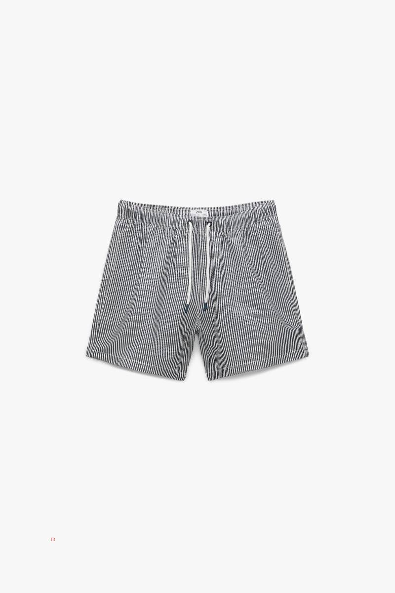 ZARA STRIPED SEERSUCKER SWIMMING TRUNKS Badkläder Herr Marinblå Blå | RVNAJ-7349