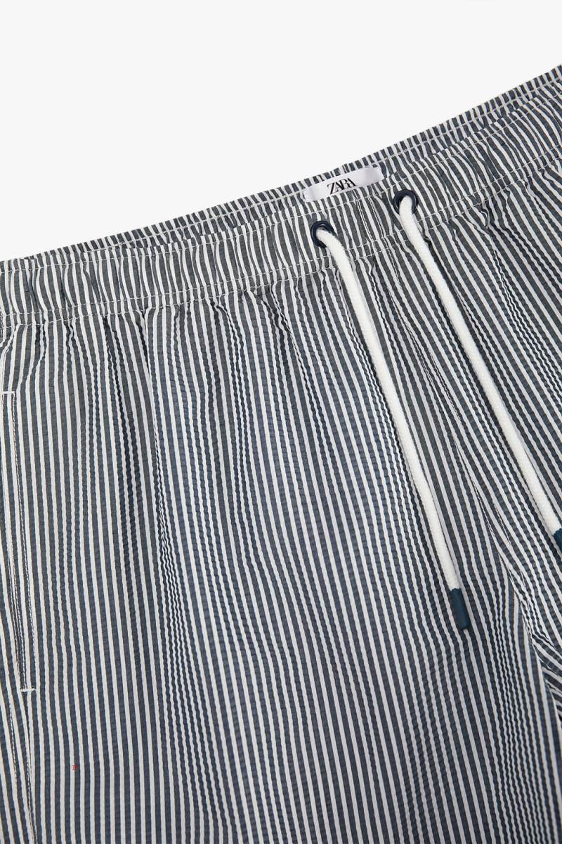 ZARA STRIPED SEERSUCKER SWIMMING TRUNKS Badkläder Herr Marinblå Blå | RVNAJ-7349