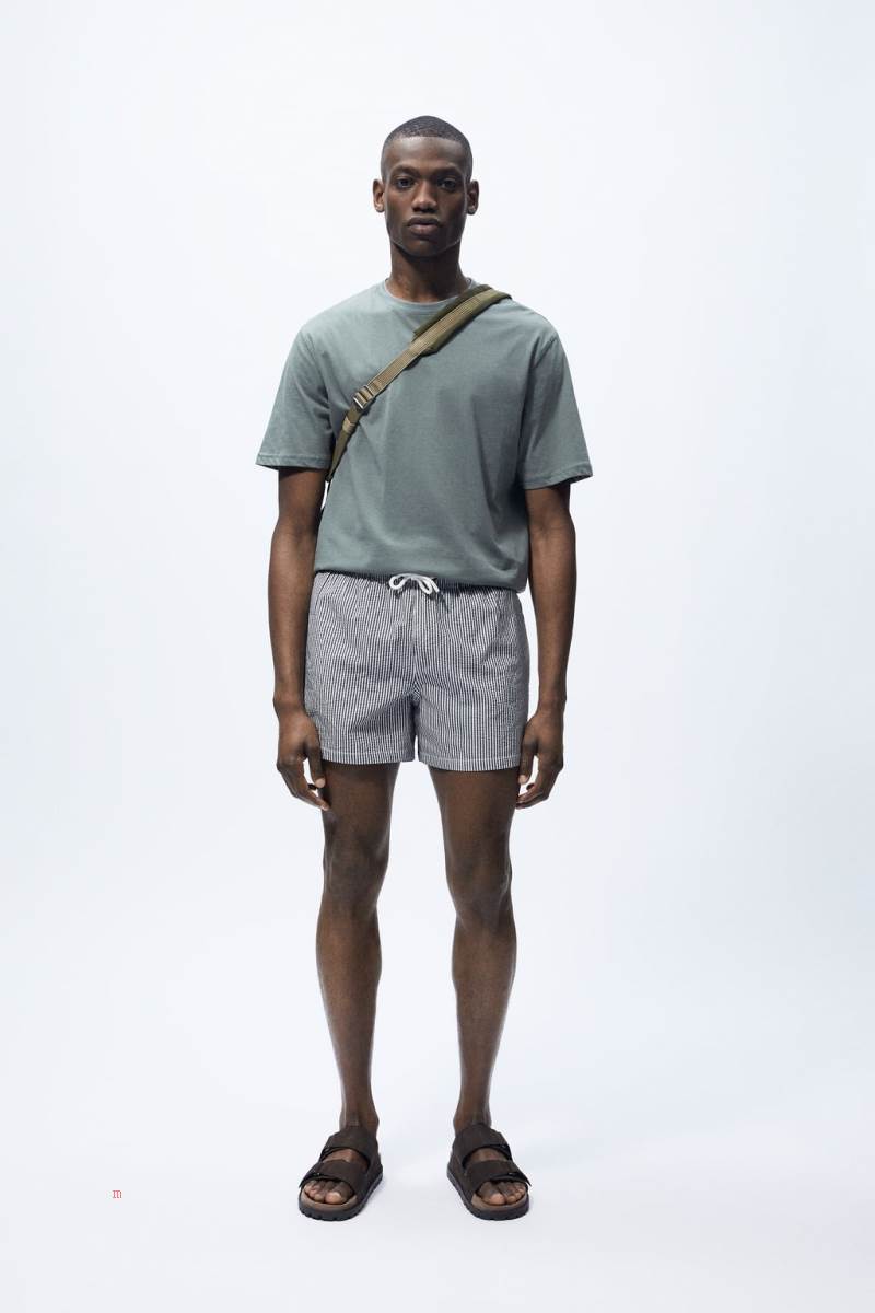 ZARA STRIPED SEERSUCKER SWIMMING TRUNKS Badkläder Herr Marinblå Blå | RVNAJ-7349