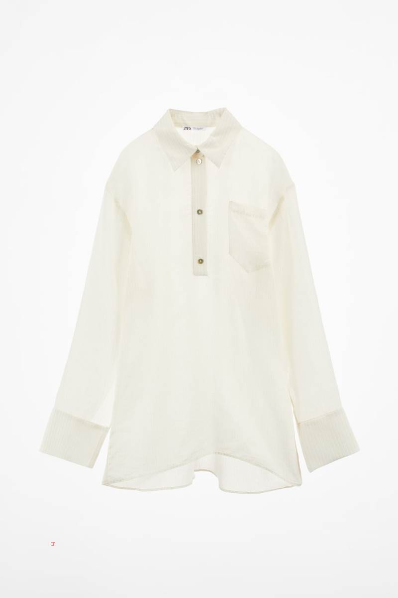 ZARA STRIPED SILK BLEND Skjorta Dam Grå Vita | THUYE-8496