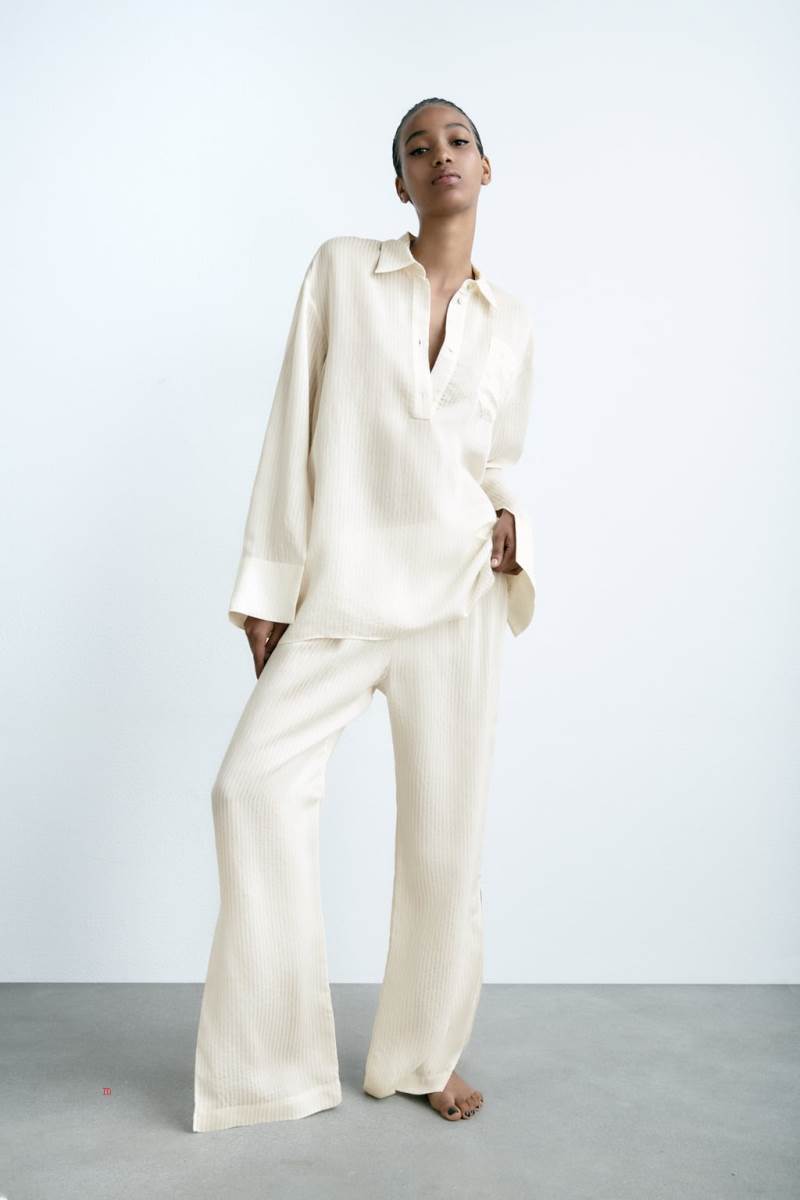 ZARA STRIPED SILK BLEND Skjorta Dam Grå Vita | THUYE-8496