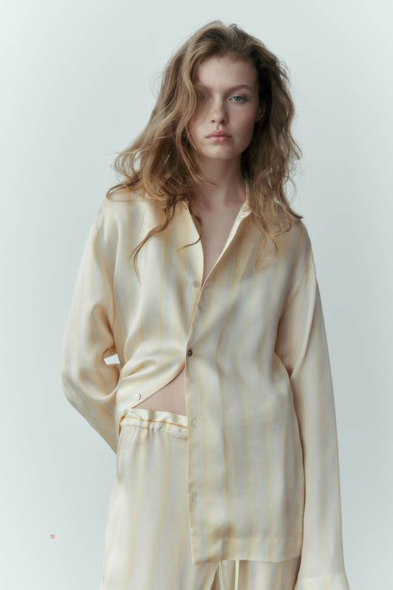 ZARA STRIPED SILK BLEND Skjorta Dam Gula | UIGHJ-9473