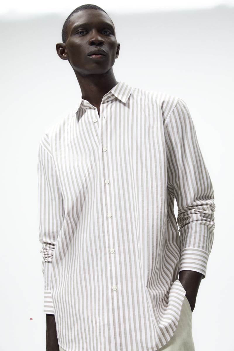ZARA STRIPED Skjorta Herr Vita Bruna | BAOGY-8246