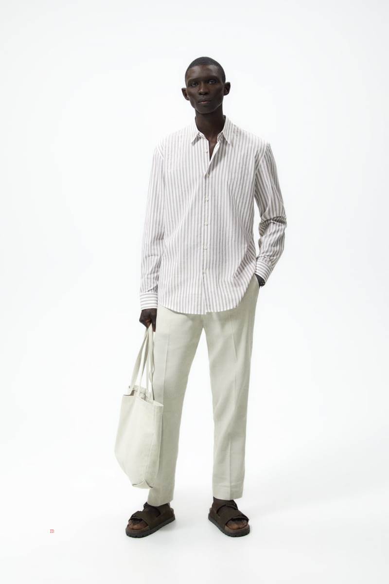 ZARA STRIPED Skjorta Herr Vita Bruna | BAOGY-8246