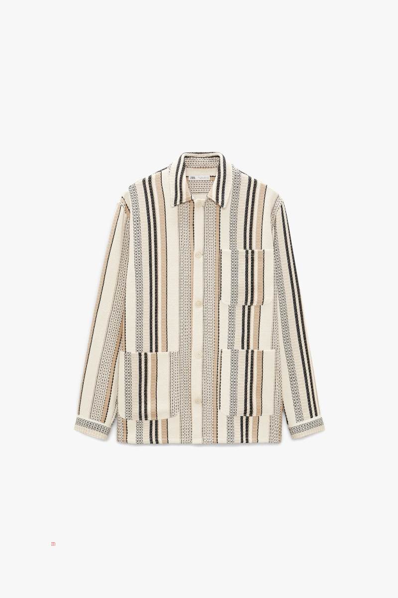 ZARA STRIPED TEXTURED Övertröja Herr Grå Vita | ICRHG-8057