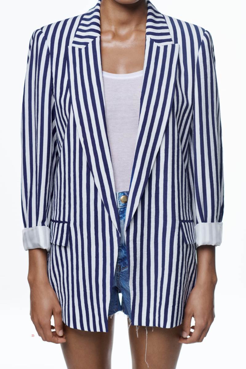 ZARA STRIPED WITH POCKETS Blazers Dam Marinblå Vita | QBWSE-5378
