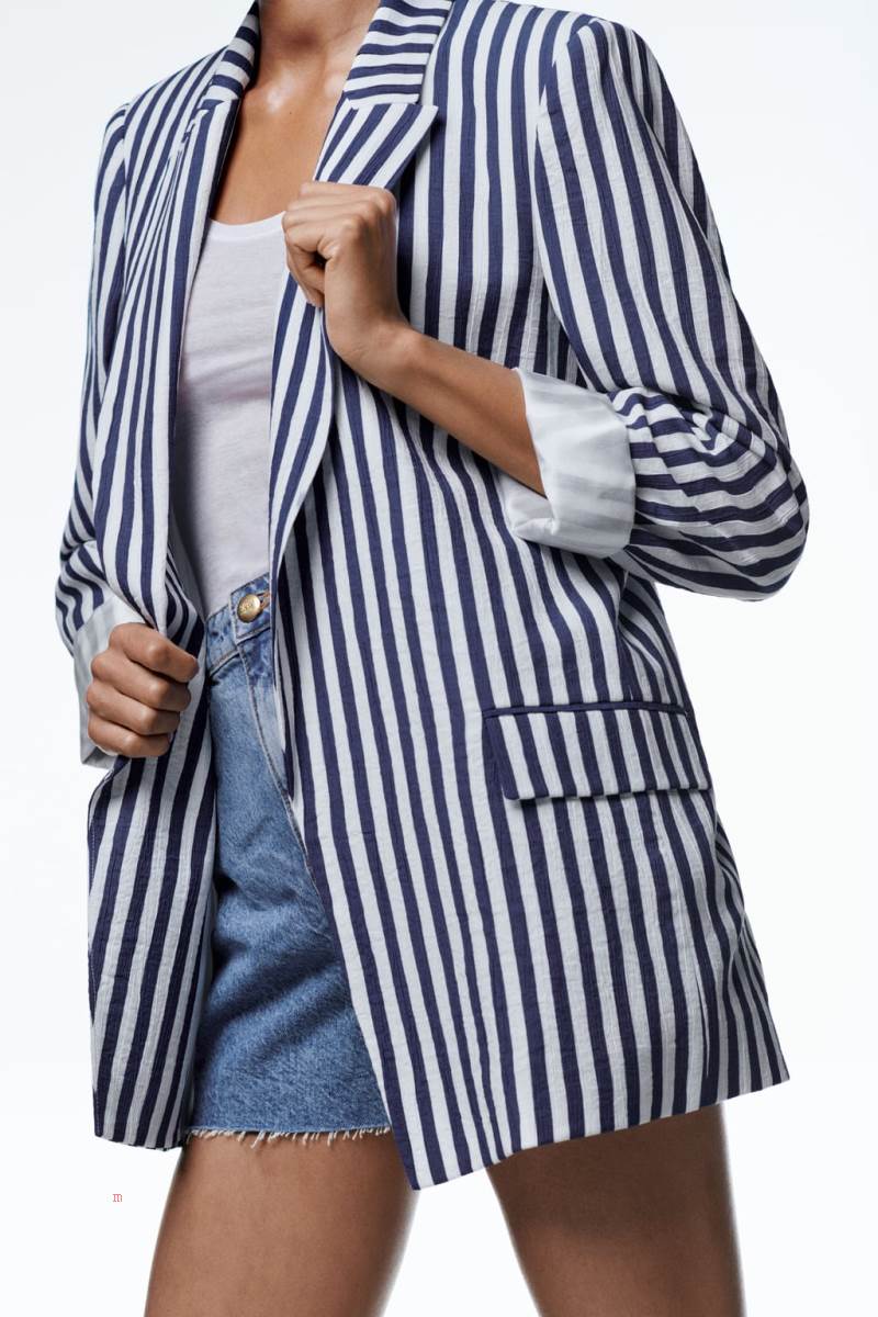 ZARA STRIPED WITH POCKETS Blazers Dam Marinblå Vita | QBWSE-5378