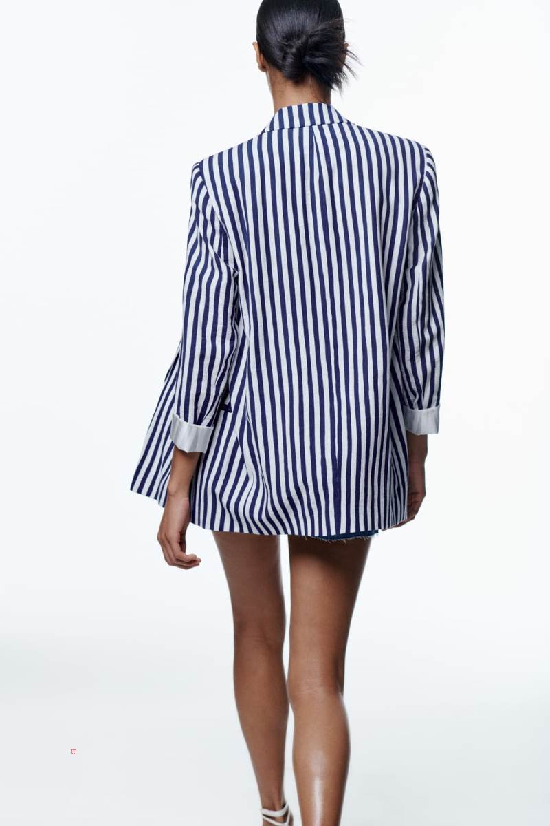 ZARA STRIPED WITH POCKETS Blazers Dam Marinblå Vita | QBWSE-5378