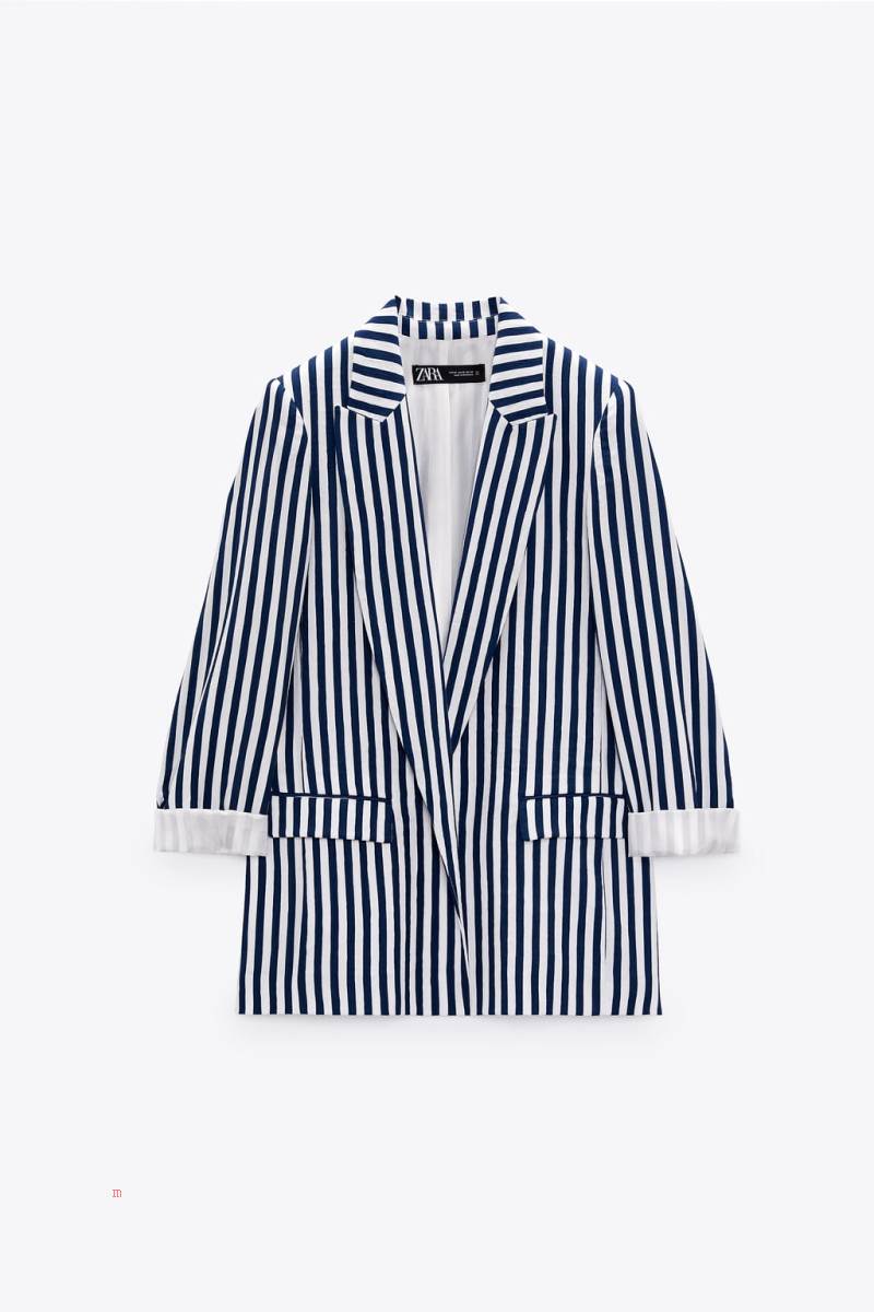 ZARA STRIPED WITH POCKETS Blazers Dam Marinblå Vita | QBWSE-5378