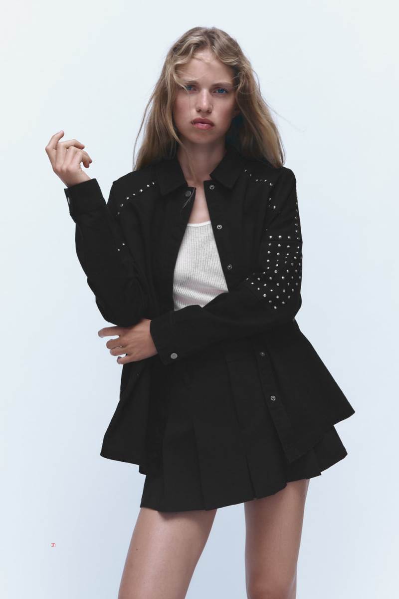ZARA STUDDED Jeansjacka Dam Svarta | WZHPU-1658