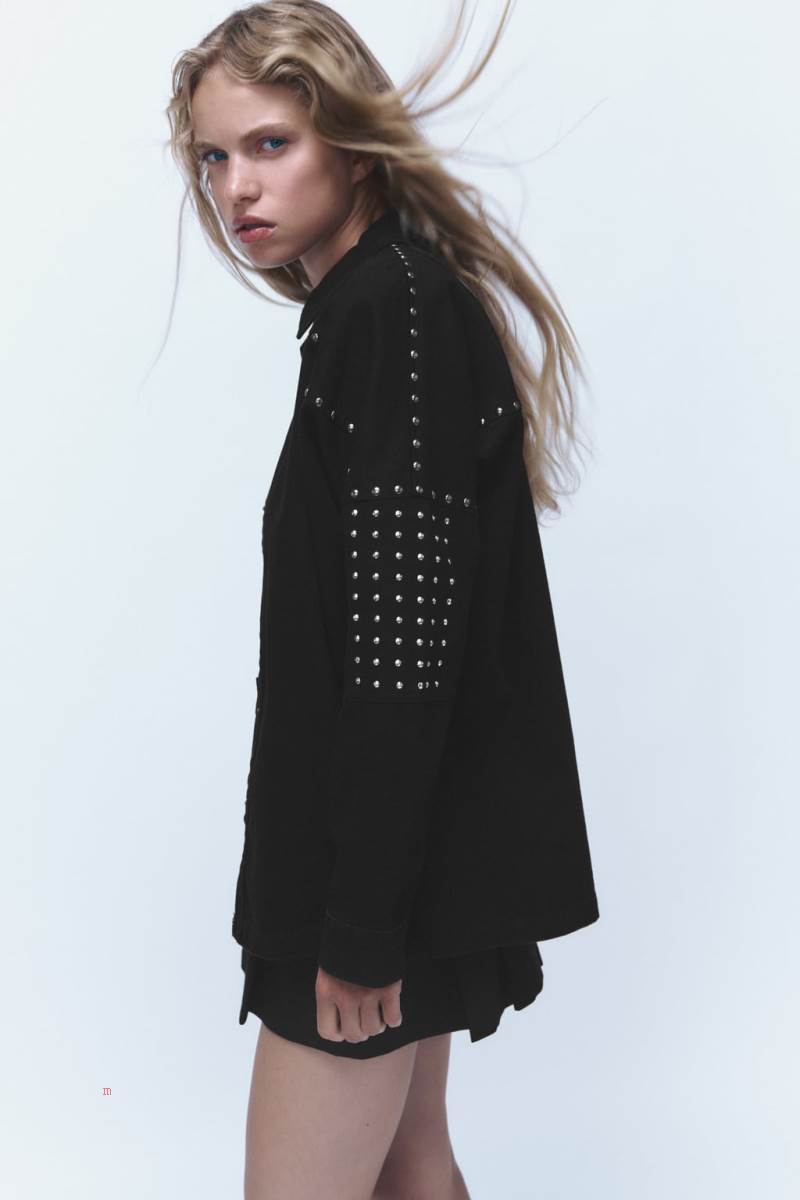 ZARA STUDDED Jeansjacka Dam Svarta | WZHPU-1658