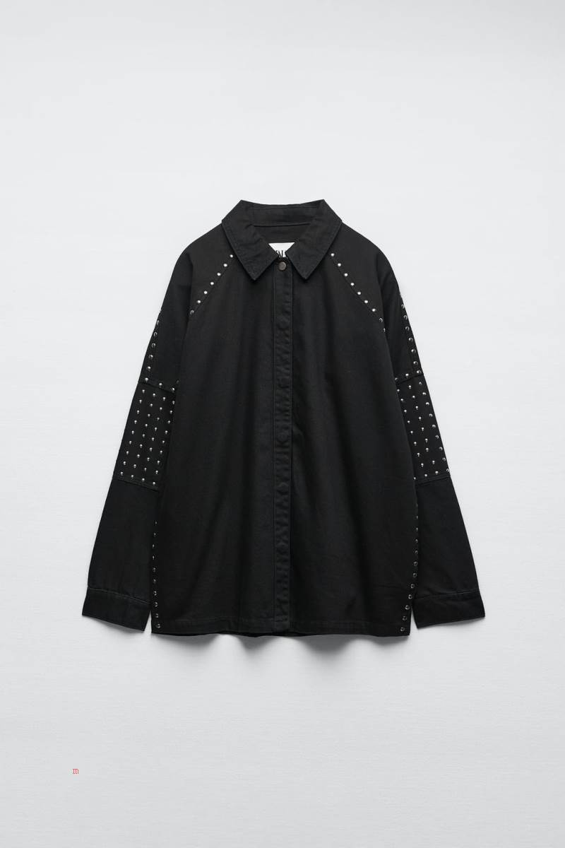 ZARA STUDDED Jeansjacka Dam Svarta | WZHPU-1658