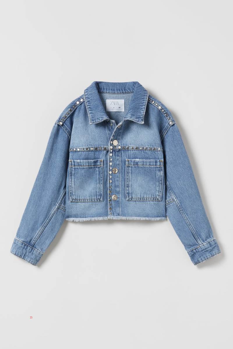 ZARA STUDDED WITH FRAYED FINISH Jeansjacka Tjej Ljusblå | TYXQI-0951
