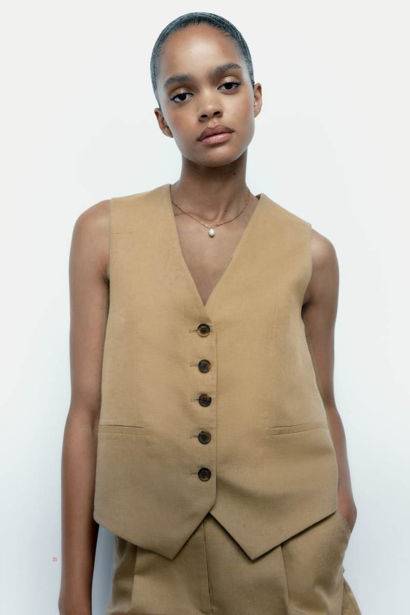 ZARA TAILORED LINEN BLEND Kostym Väst Dam Khaki | XKAFQ-4075