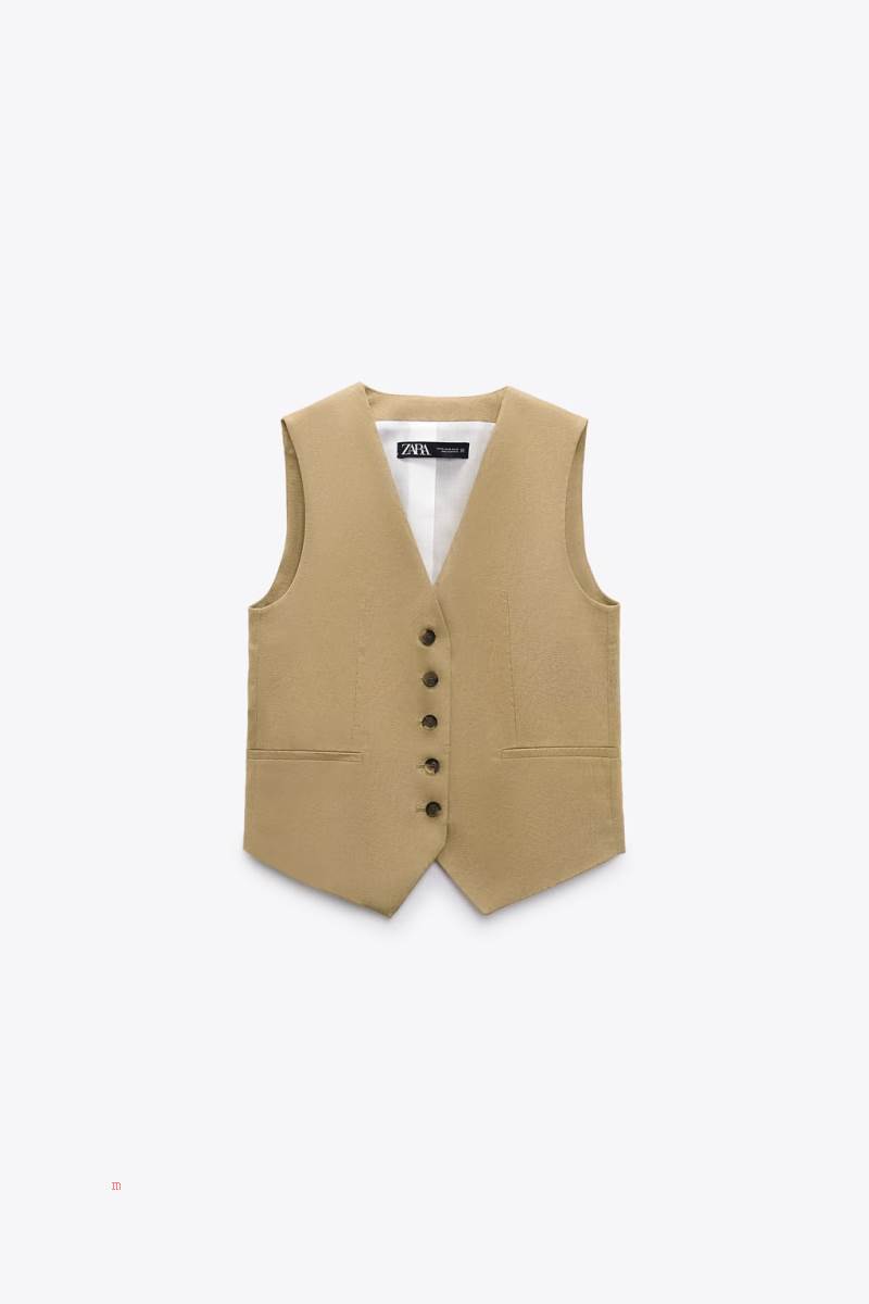 ZARA TAILORED LINEN BLEND Kostym Väst Dam Khaki | XKAFQ-4075