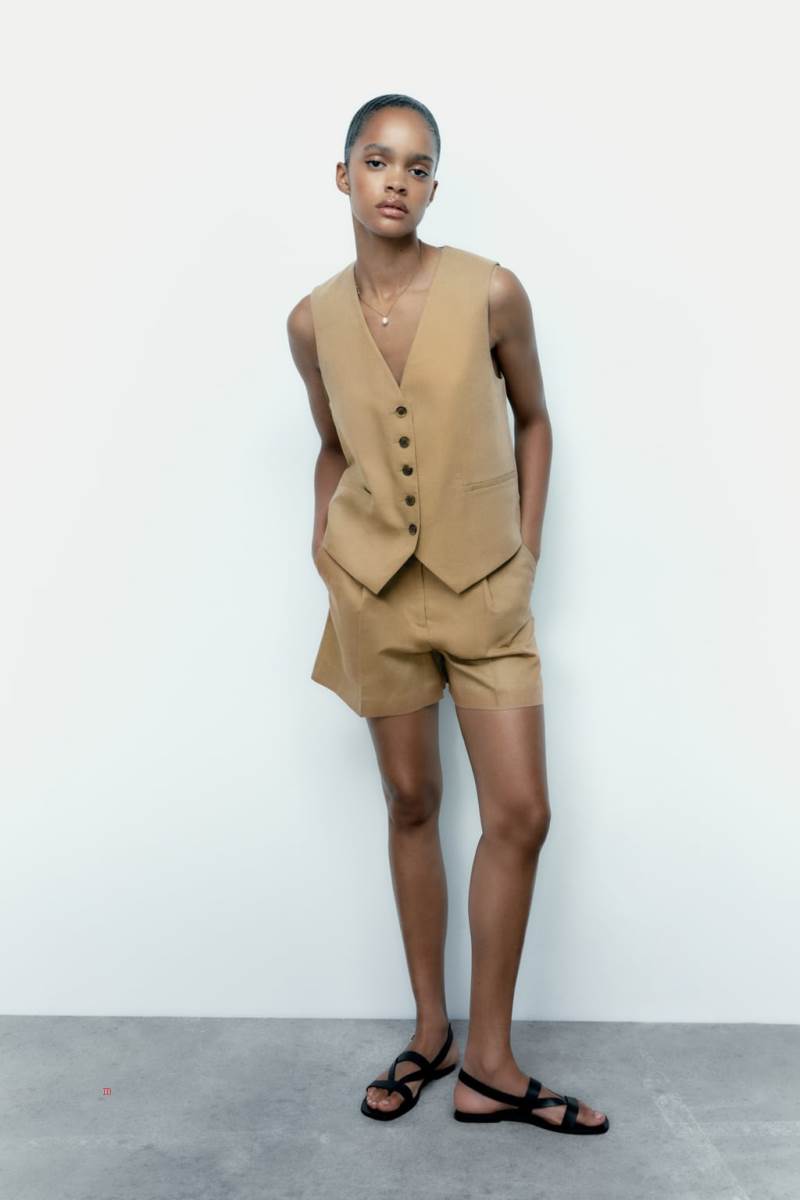 ZARA TAILORED LINEN BLEND Kostym Väst Dam Khaki | XKAFQ-4075