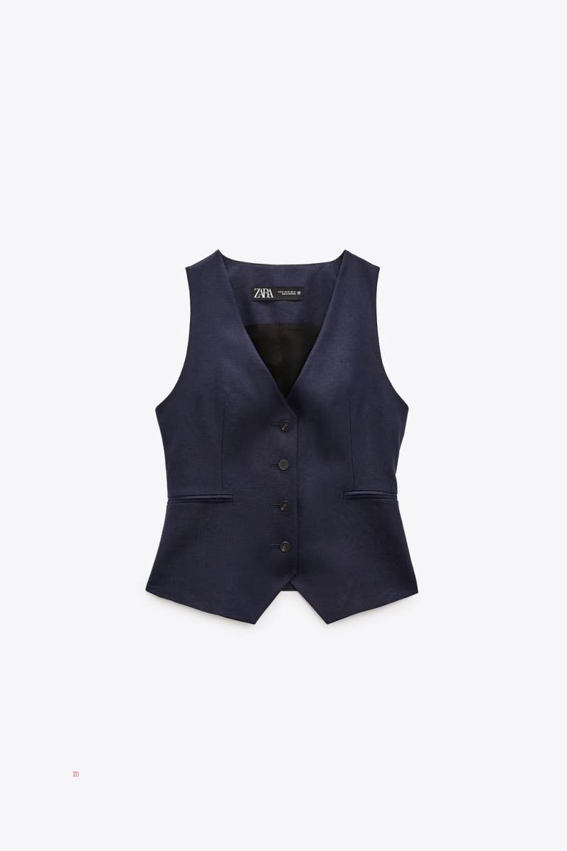 ZARA TAILORED LINEN Kostym Väst Dam Marinblå Blå | OXLFJ-1370