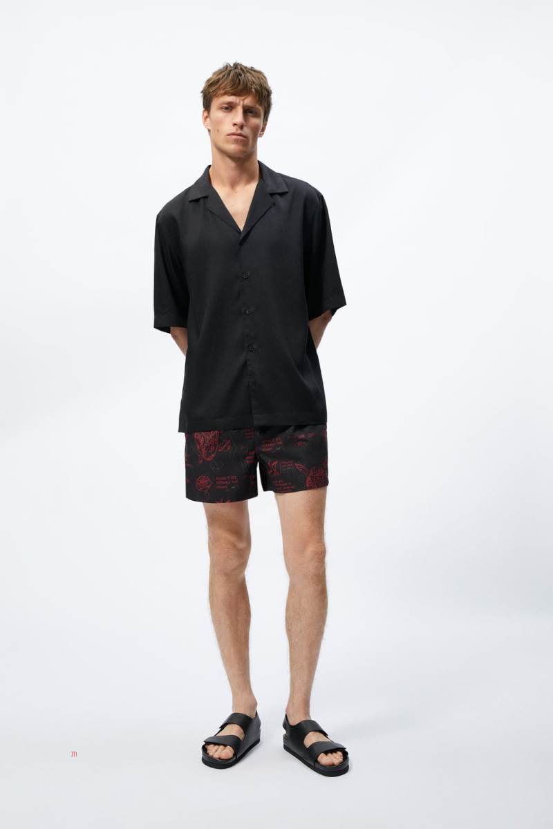 ZARA TATTOO PRINT SWIMMING TRUNKS Badkläder Herr Svarta | WVIUR-9632