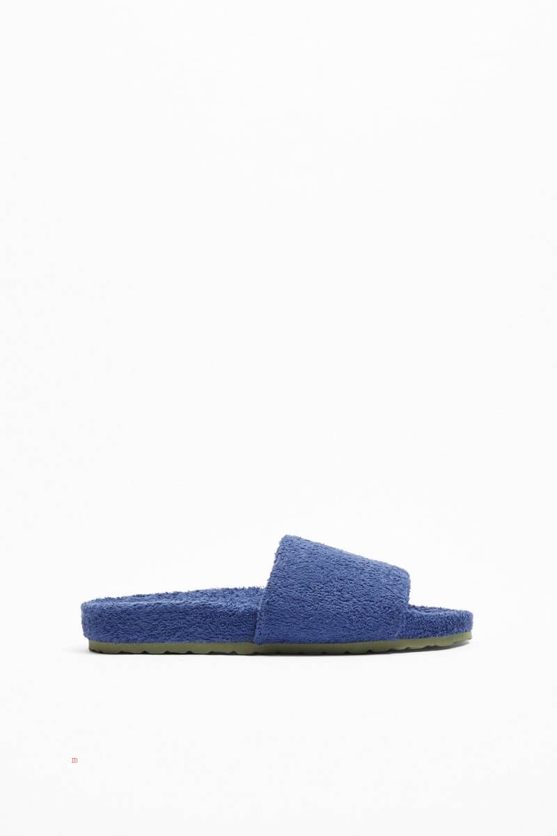 ZARA TERRYCLOTH SLIDERS Badtofflor Herr Blå | AMDXU-0495