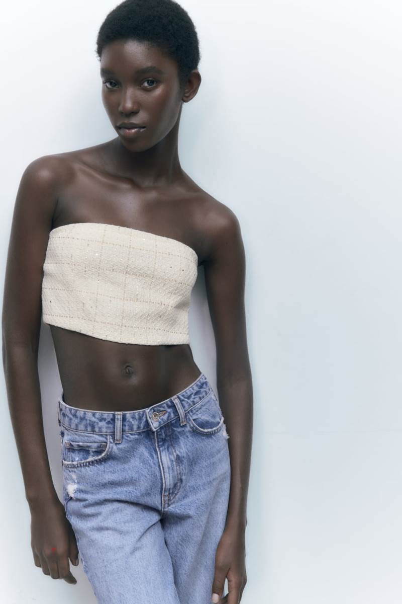 ZARA TEXTURED BANDEAU TOP Crop Top Dam Beige | QLPFX-3025