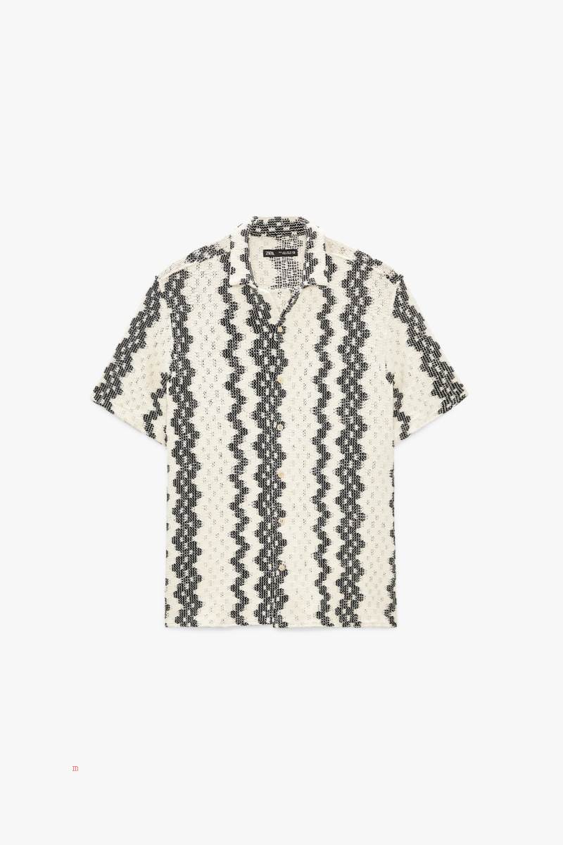 ZARA TEXTURED CROCHET Skjorta Herr Vita Marinblå | YQMPH-2961