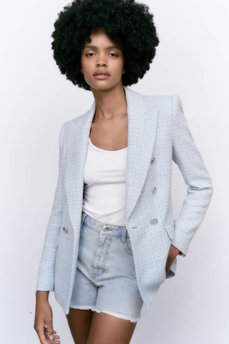 ZARA TEXTURED DOUBLE-BREASTED Blazers Dam Vita Blå | BJXID-3791