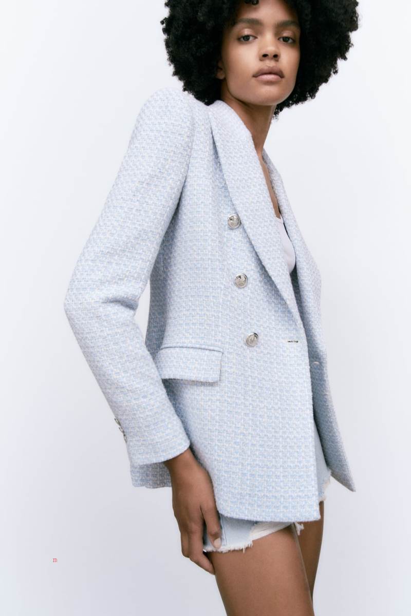 ZARA TEXTURED DOUBLE-BREASTED Blazers Dam Vita Blå | BJXID-3791