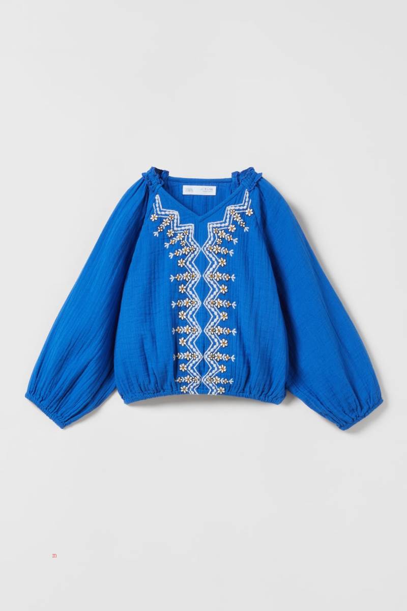 ZARA TEXTURED EMBROIDERED Blusar Tjej Indigo | RCJGL-2534