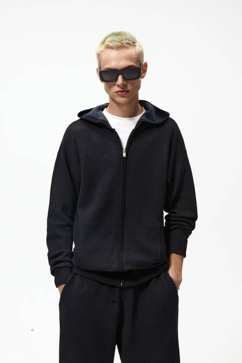 ZARA TEXTURED KNIT Hoodie Herr Svarta | OLMEV-3572
