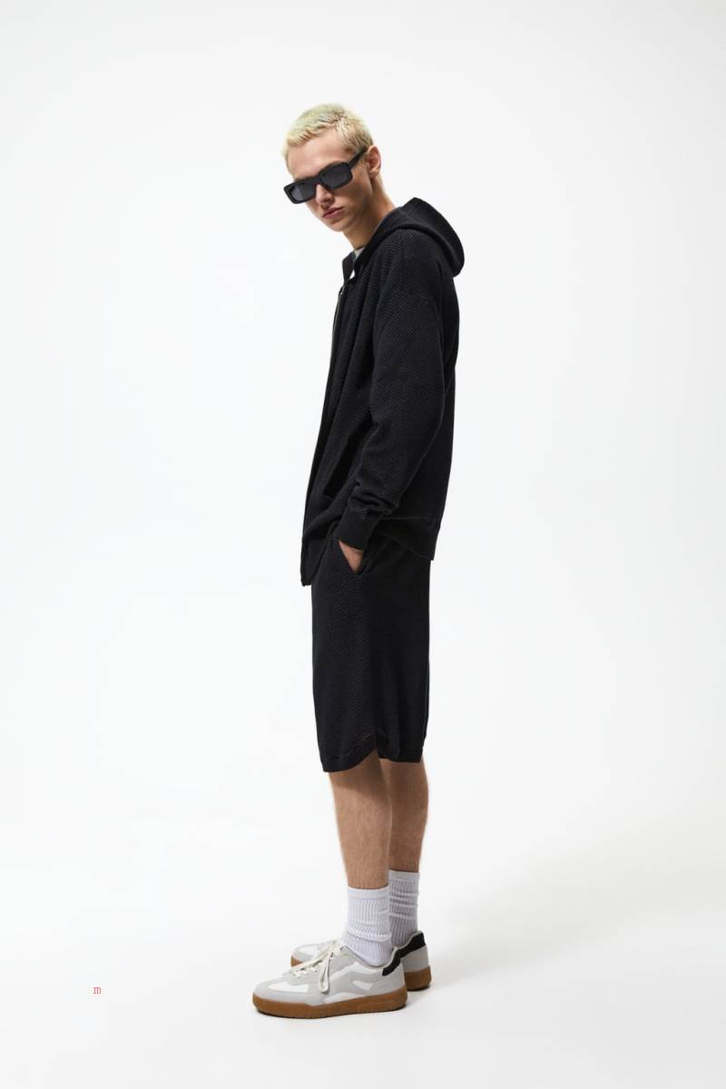 ZARA TEXTURED KNIT Hoodie Herr Svarta | OLMEV-3572
