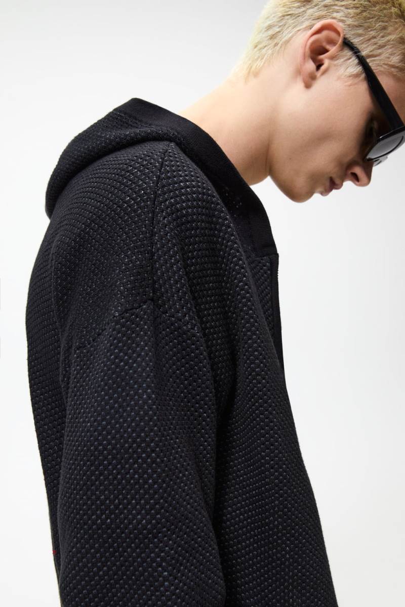ZARA TEXTURED KNIT Hoodie Herr Svarta | OLMEV-3572