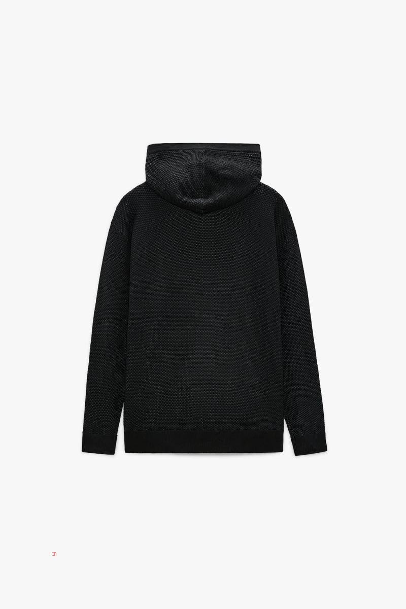 ZARA TEXTURED KNIT Hoodie Herr Svarta | OLMEV-3572