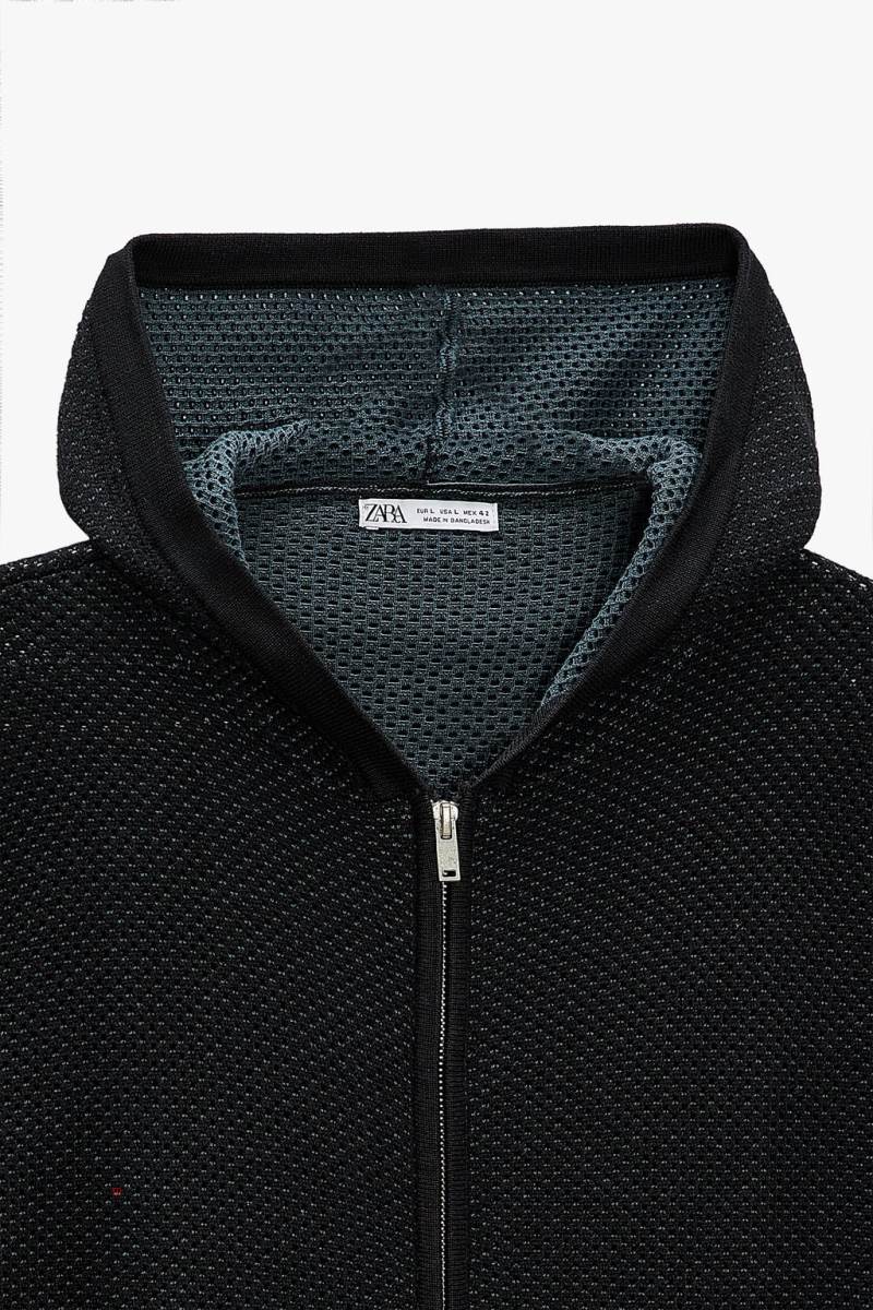 ZARA TEXTURED KNIT Hoodie Herr Svarta | OLMEV-3572