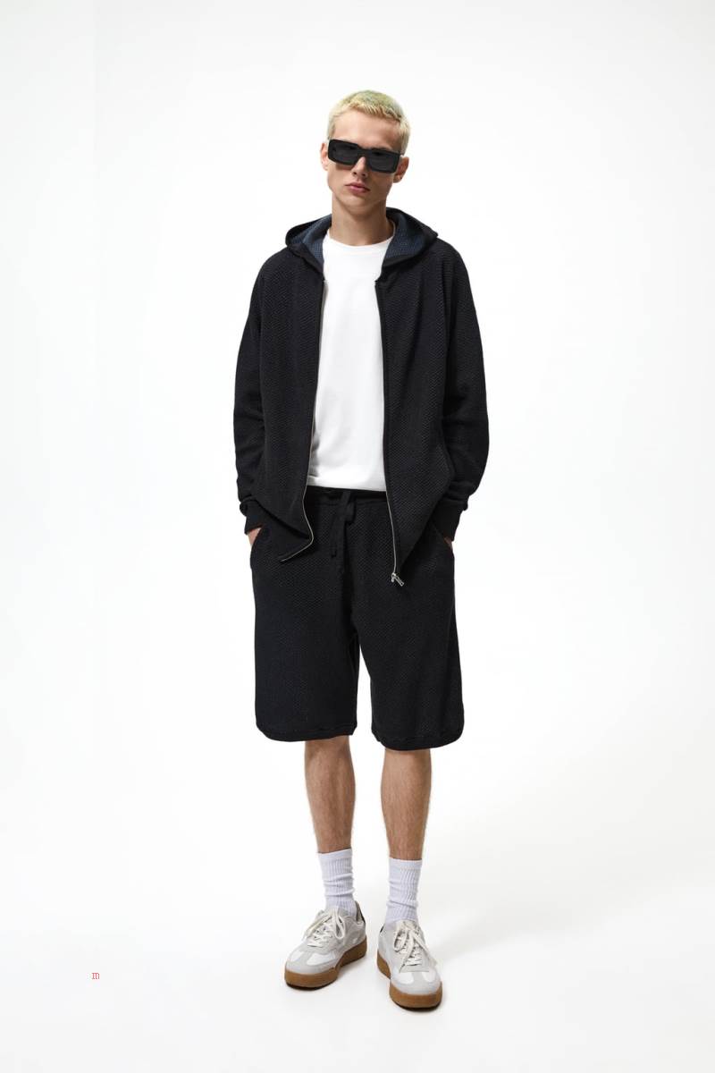 ZARA TEXTURED KNIT Hoodie Herr Svarta | OLMEV-3572