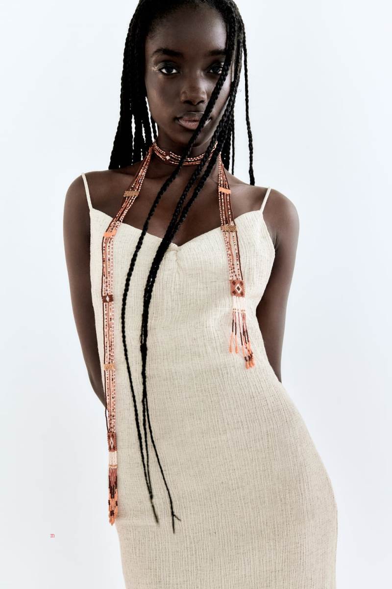 ZARA TEXTURED MIDI Klänning Dam Grå Vita | UINVP-1329