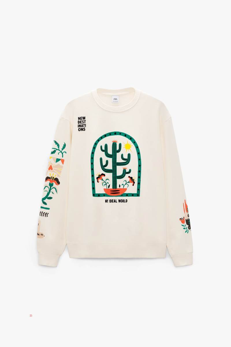 ZARA TEXTURED PRINT Sweatshirt Herr Vita | UZETA-6859