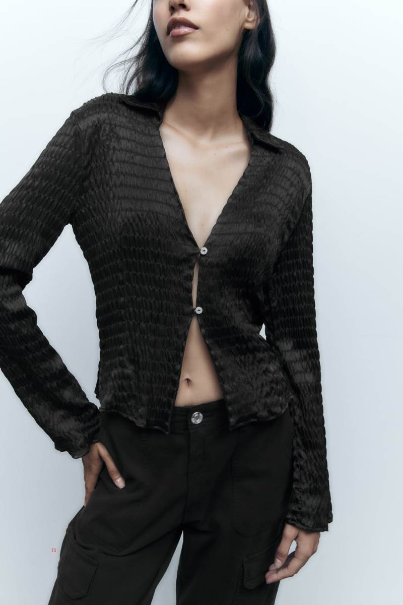 ZARA TEXTURED SATIN Skjorta Dam Svarta | FEAGQ-5974