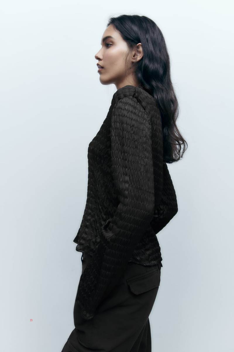 ZARA TEXTURED SATIN Skjorta Dam Svarta | FEAGQ-5974