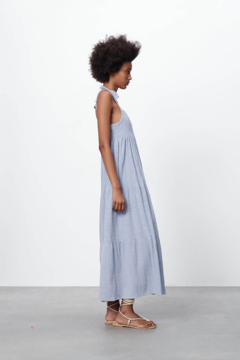 ZARA TIERED COTTON Klänning Dam Ljusblå | NQKLB-5031
